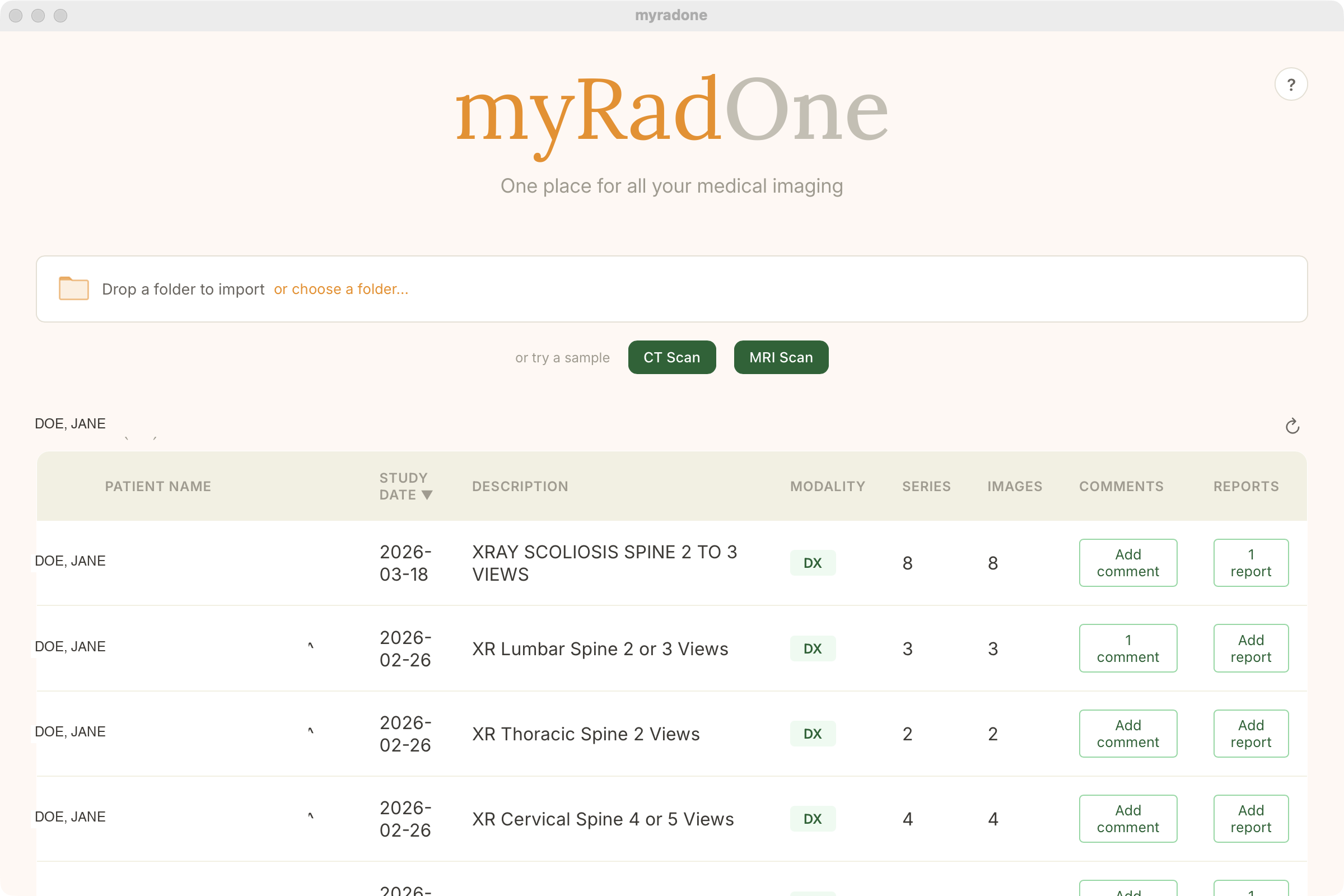 myRadOne library view showing organized medical studies with patient info, dates, and modality types